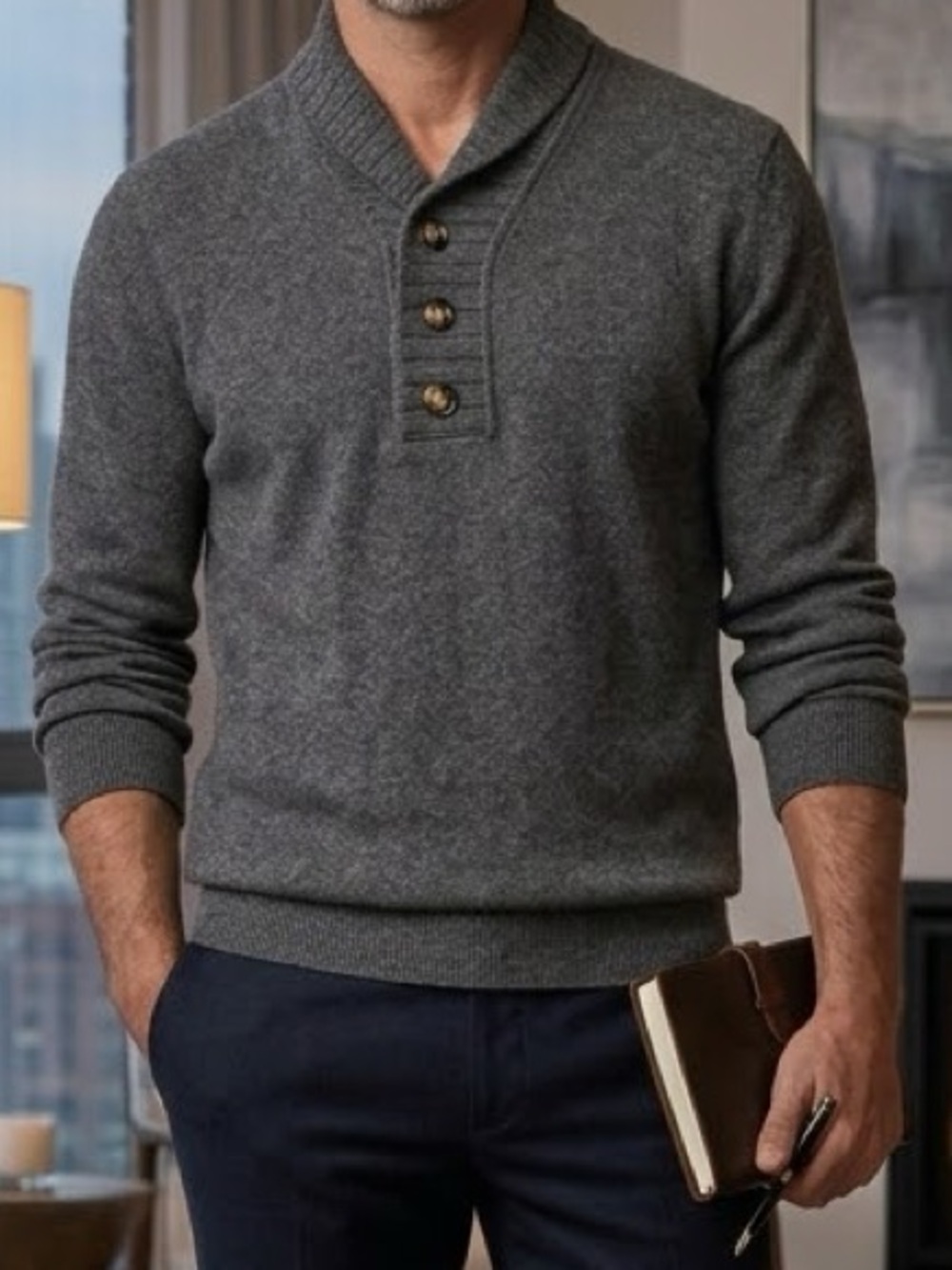 MICHAEL KORS Cashmere Gray Sweater with Ribbed Shawl Collar and Buttons